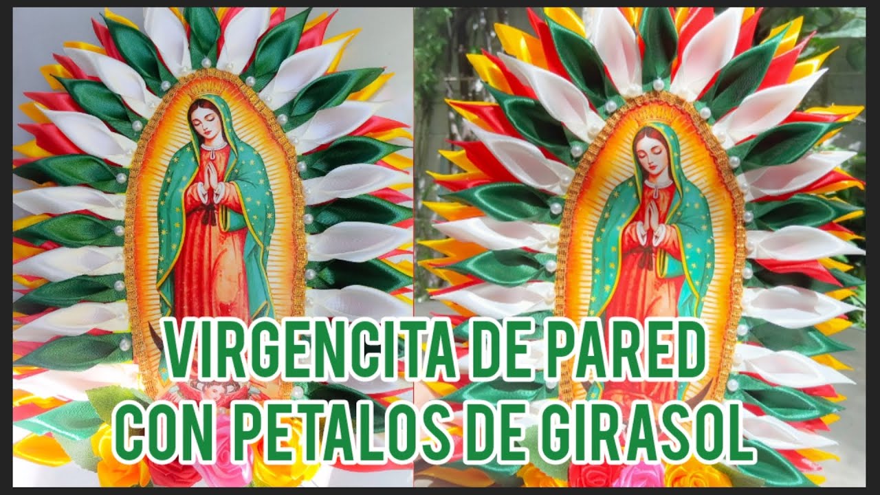 Virgencita de pared con Pétalos de girasol #rosaseternas #virgendeguadalupe #virgenmaria #girasoles 