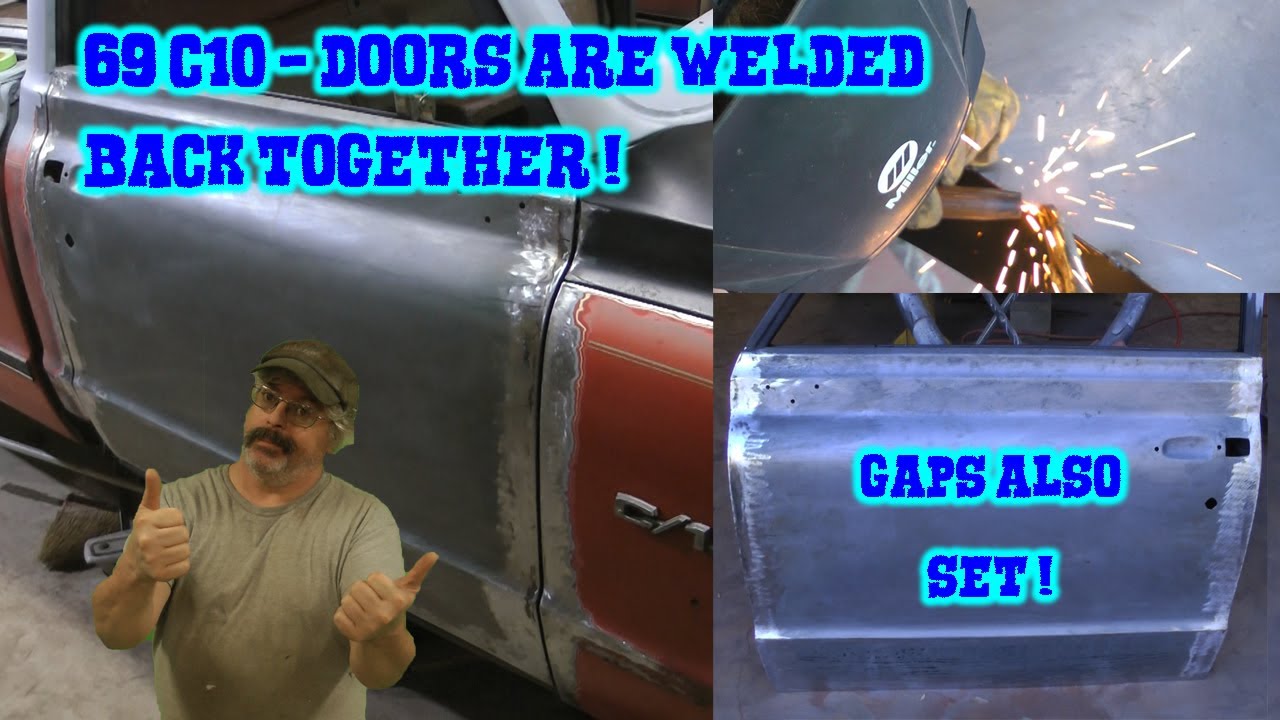 Restoring 69 C10 doors Welding the door skins back on the shells