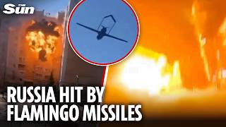 Dramatic moment Ukrainian Flamingo cruise missile slams into Russian defence plant