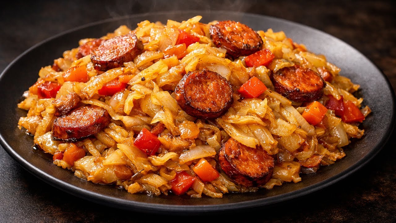Fried Cabbage With Sausages and Bacon is so delicious!