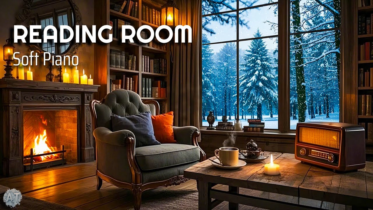 Soft Piano Music | Cozy Winter Reading Room | Fireplace & Snowfall | 9.5 Hours