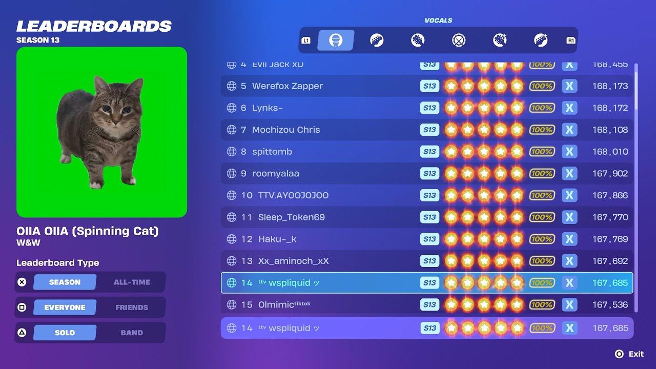 Fortnite Festival S13 ( Personal Best ) W&W - OIIA OIIA (Spinning Cat) Expert Vocals 100% FC 