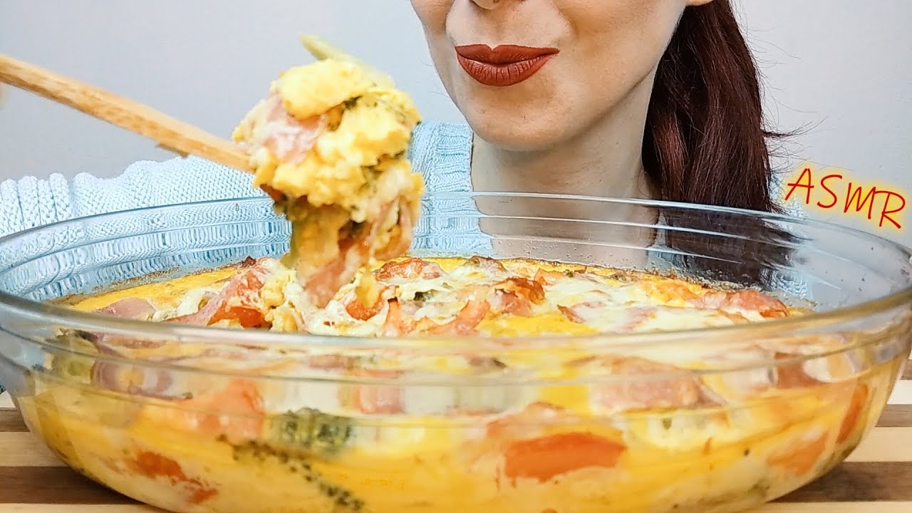 ASMR eating: Cheesy Oven - Baked Omelette with Salami & Vegetables | Whispering