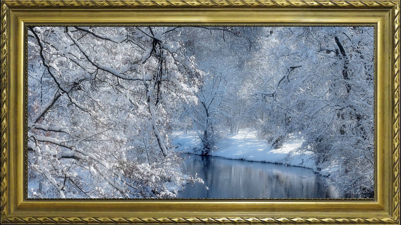 Winter River in a Snowy Forest: 4K Gold Frame TV Wallpaper Art | Screensaver TV Wallpaper