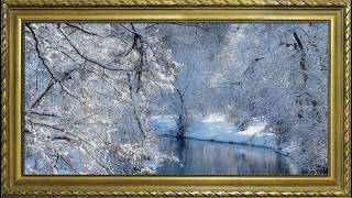 Winter River in a Snowy Forest: 4K Gold Frame TV Wallpaper Art | Screensaver TV Wallpaper