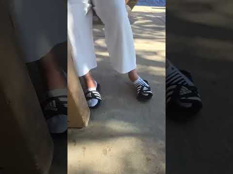 You are out side but she takes her  ADIDAS Sandals off Shoeplay live In public #live #adidas #socks