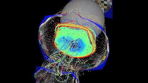 Flow past a sphere at Re=10000, Vorticity field and Particle tracking