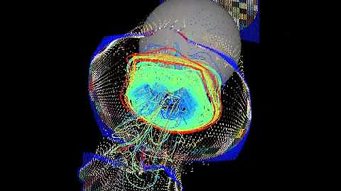 Flow past a sphere at Re=10000, Vorticity field and Particle tracking