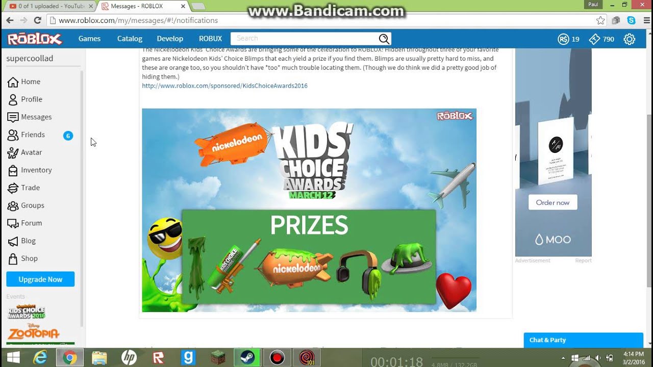 Roblox Kids Choice Awards Notification Youtube - roblox kids choice awards