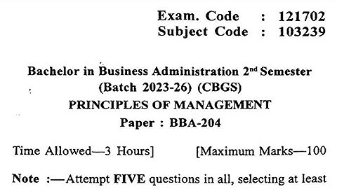 Gndu BBA 2nd Semester Principles of Management Question Paper | Bba 2nd Semester Question Paper 2024