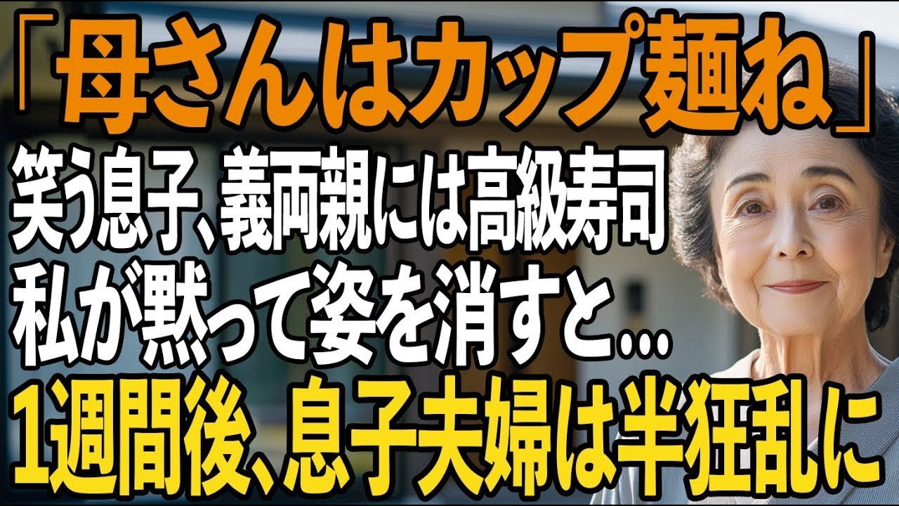 「母さんはカップ麺でいいよね。」息子の昇進祝いの席で、私の前に置かれたのはスーパーで98円の赤いきつねうどん。目の前には、義両親のためだけに並ぶ一貫千円の高級寿司。3年間、毎日片道1時間かけて通い、家事をこなし、毎月15万円を仕送りしてきた。総額3200万円相当の貢献をした私への、これが“家族”からの返答だった。「別世帯だし、特別なお客様じゃないでしょ」という息子の言葉に、私は静かに決意した...
