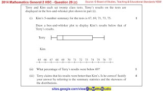 2014 Maths General 2 HSC Q29c Draw parallel box-plot from five-number summary to compare 2 data sets