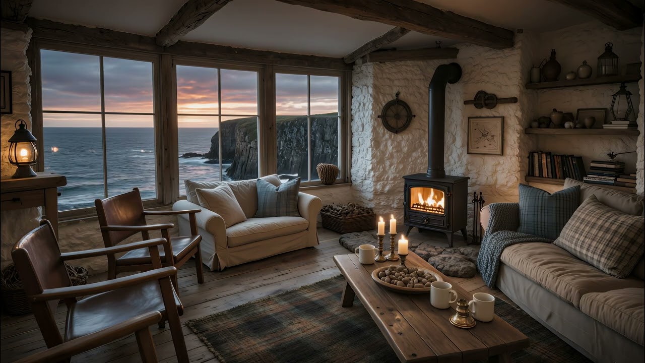 Cozy Seaside Cottage Fireplace 🔥🌊 | Gentle Ocean Waves & Crackling Fire Ambience