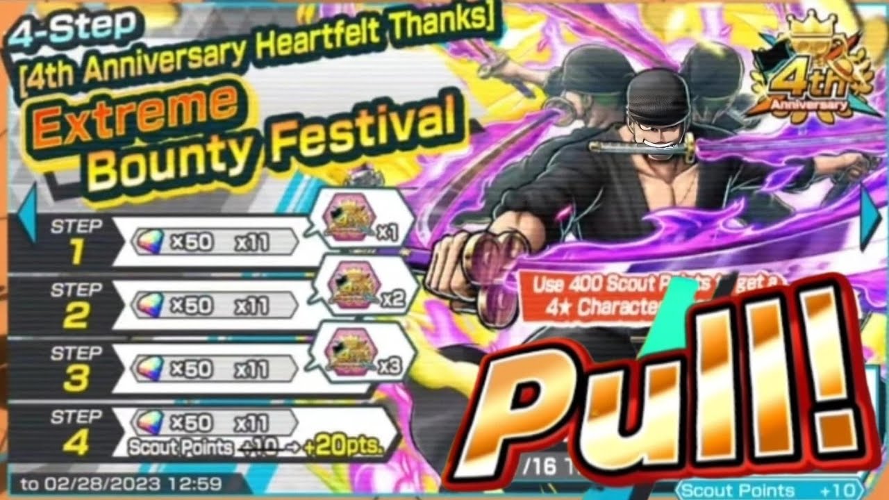 One Piece Bounty Rush EX Oni Zoro Summon 4th Anniversary Jan 2023