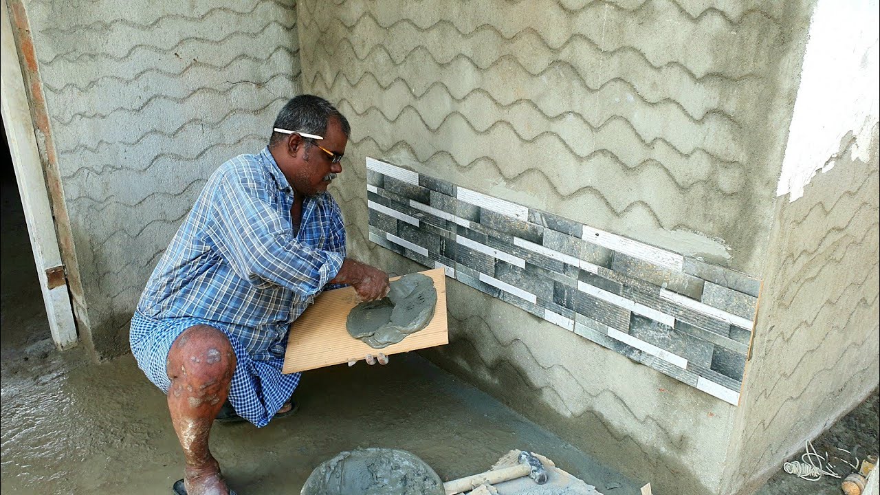 Techniques of Wall tiles_Front Portico 3D Wall Tiles installation ...