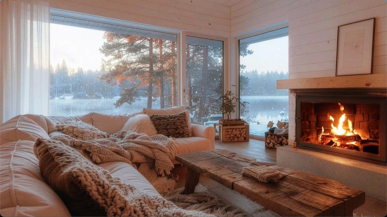 Crackling Fireplace in a Snowy Cabin with Gentle Piano Jazz | Warm Winter Ambience All Night