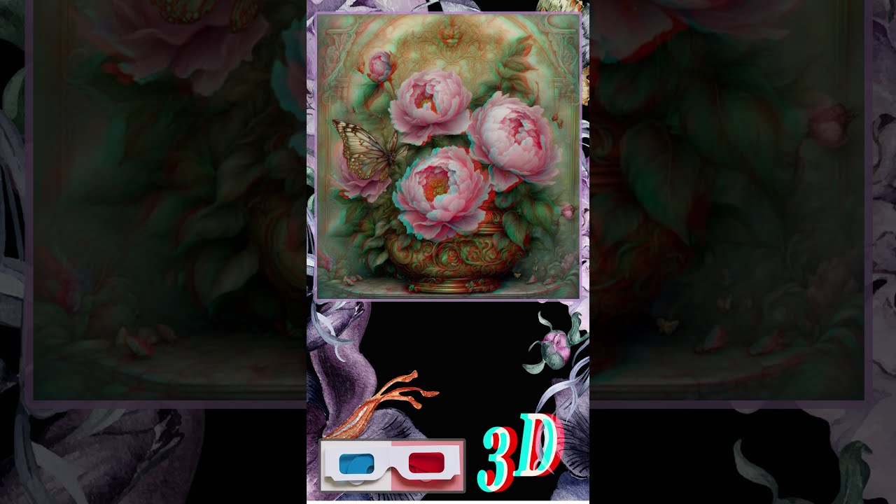 Pink Roses and Butterfly in Bronze Pot | Romantic 3D Anaglyph Flower Art.