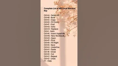 complete List of Ms Excel shortcut kye