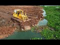 Amazing Oldest Bulldozer Working Pushing Sticky Soil Into Deep Water And Dump Truck Unloading