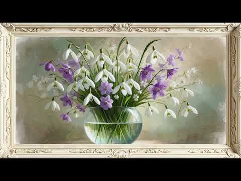 Vintage Flower Painting With Piano Music Floral Art Screensaver Elegant White Frame TV Art In 4K 