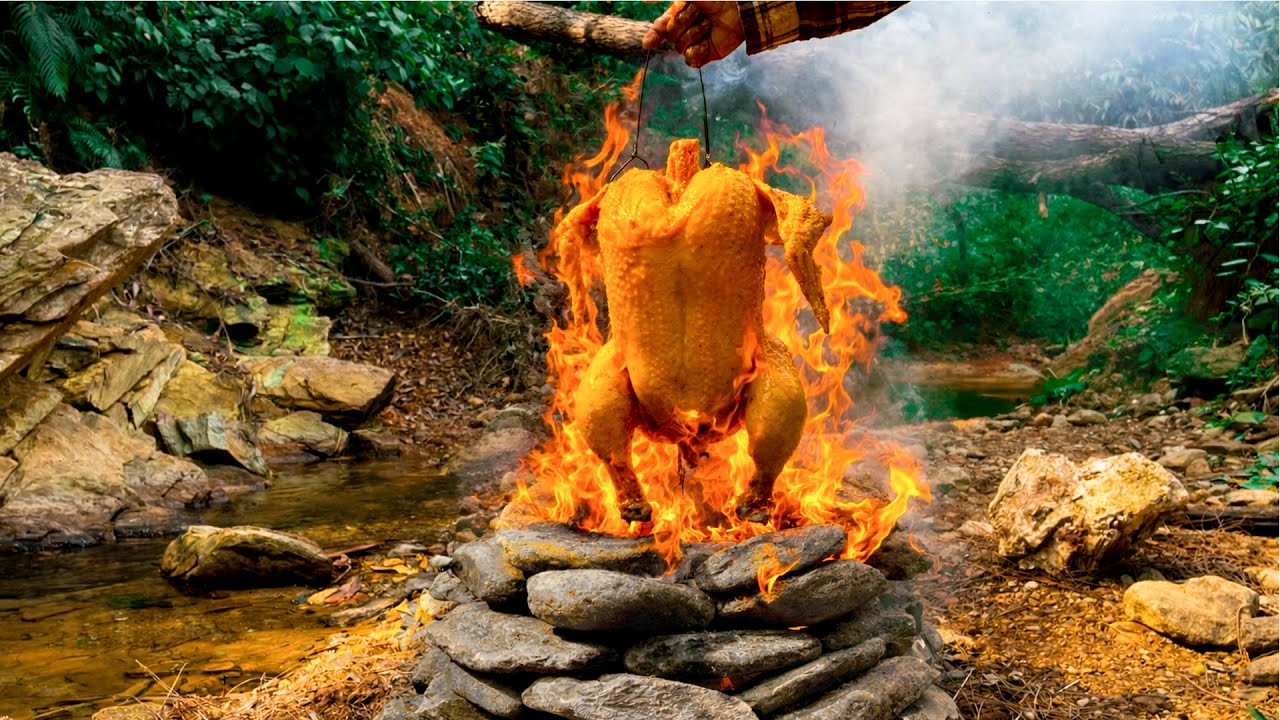 Cooking Whole Chicken By The Stream:Outdoor Cooking In Stone Oven From Scratch