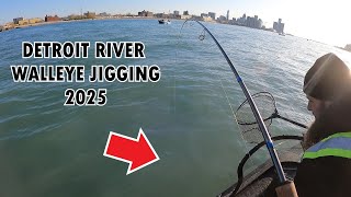 QUICK 2 MAN LIMIT !!! DETROIT RIVER WALLEYE JIGGING IN MUDDY WATERS