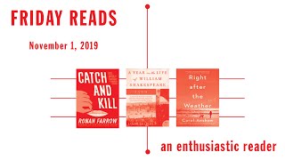 Friday Reads, November 1 2019
Books Finished
The Woman in White, Wilkie Collins
Chances Are, Richard Russo
Ducks, Newburyport, Lucy Ellmann
Catch and Kill: Lies, Spies, and a Conspiracy to Protect Predators, Ronan Farrow
Say Nothing: A True Story of Murder and Memory in Northern Ireland, Patrick Radden Keefe
Currently Reading
A Year in the Life of William Shakespeare: 1599, James Shapiro
Honored Guest, Joy Williams
Coming up
Milkman, Anna Burns
Olive, Again, Elizabeth Strout
All This Could Be Yours, Jamie Attenberg
I.M.: A Memoir, Isaac Mizrahi
Possible
The Great Stink of London: Sir Joseph Bazalgette and the Cleansing of the Victorian Metropolis, Stephen Halliday
Shout Outs
Hannahs Books
https://www.youtube.com/watch?v=h642mOUeqNI&t=35s
The Tell-Tale Heart
Sharon Goforth
https://www.youtube.com/watch?v=S-sZ7Je7pTk
Grimm Reads
Pocket Diaries belonging to her great-grandmother
https://www.youtube.com/watch?v=yifz442ei_E&t=526s
Sarah from Hardcover Hearts talking about the California wildfires
https://www.youtube.com/watch?v=4zRF3c3TFmg&t=186s
Benjamin Dreyer as a guest on So Many Damn Books Podcast 8/26/2019
https://www.somanydamnbooks.com/episodes//episode-119
Highlight: Dreyer talks about being Elizabeth Strouts copyeditor (on paper, for her) and how wonderful that is. Also copyediting Michael Chabons The Amazing Adventures of Cavalier and Clay.
Find me elsewhere:
Twitter @sonya_unrein
Voxer @sonya_enthusiasticreader
Instagram https://www.instagram.com/sonya.unrein/
Goodreads: https://www.goodreads.com/user/show/1295781-sonya Friday Reads, November 1 2019