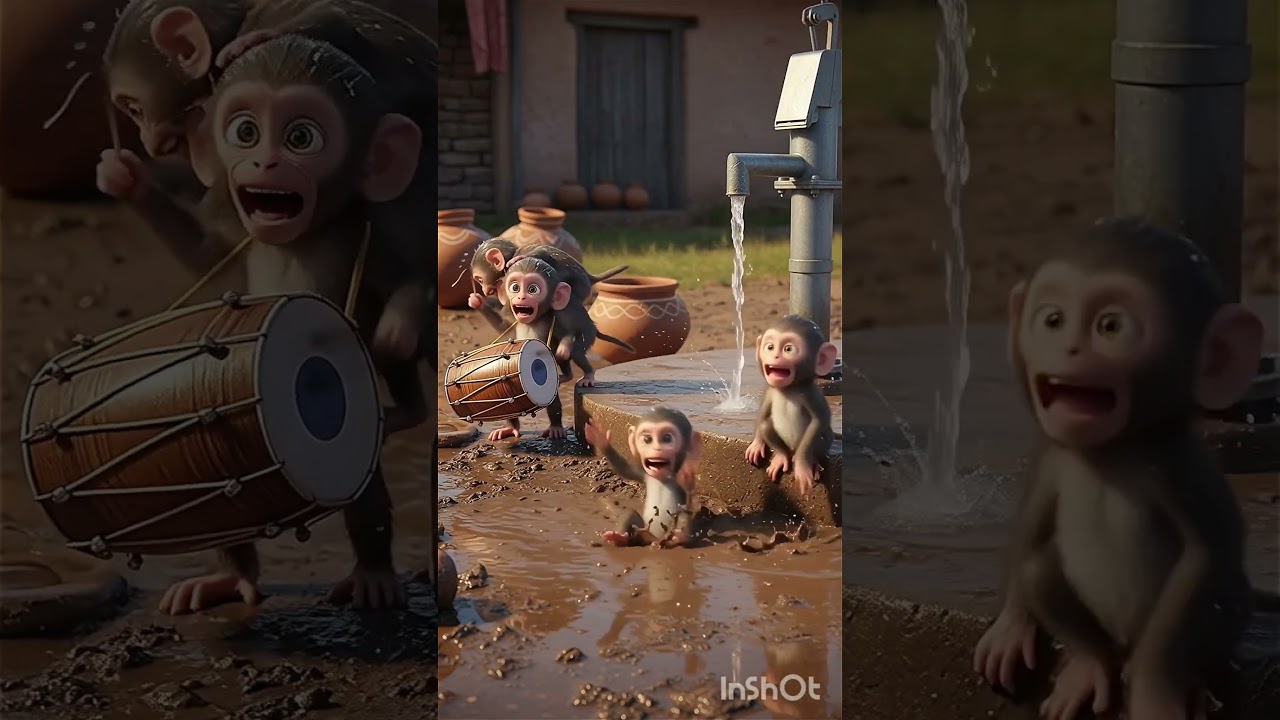 Tiny Monkeys Water Chaos 😂💦 | Slipping, Dhol & Crazy Village Fun | Funny AI Video