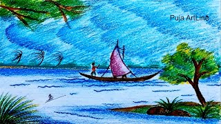 How to draw rainy season scenery/storm thunder Scenery Drawing/vill flood Painting/বর্ষাকালের দৃশ্য.