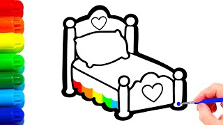 女の子の描画と着色のページのためのカラフルなベッド - Colorful Bed For Girl Drawing And Coloring Page