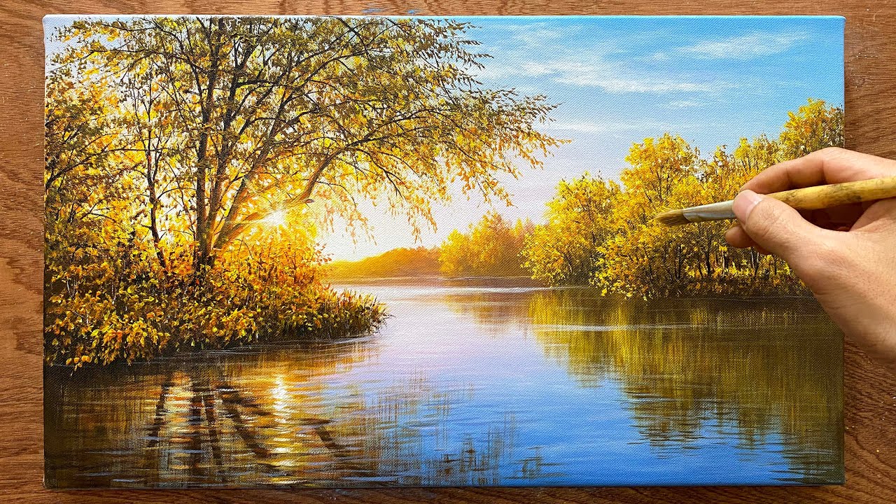 How to draw a landscape against the light - Morning sunshine by the lake / Acrylic painting/A Lu Art