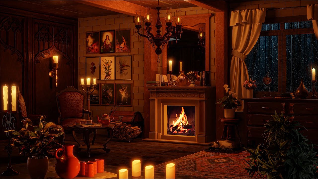 Stormy Night Cozy Cabin Ambience with Relaxing Rain and Fireplace