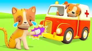 Los Vehículos de Servicio ayudan al gatito. La ambulancia. Dibujos animados de coches para bebés.