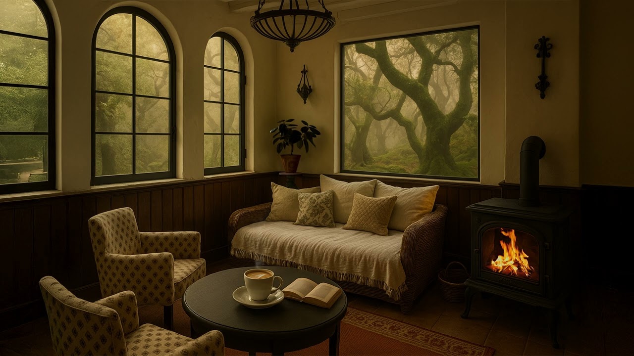 Relaxing Living Room Fireplace Ambience | Coffee, Crackling Fire & Enchanted Forest Views