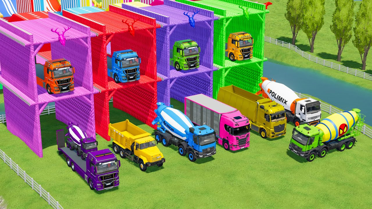 Гараж в ярких красках - красочный экскаватор Komatsu и автокран DAF XT перевозятся в гараж.