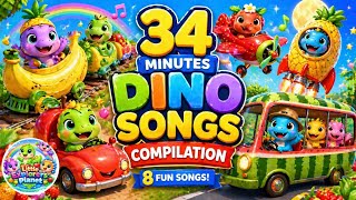 🦕🎶 Dinosaur Songs Compilation (34 MINUTES) | Fun Kids Songs with Dinos &amp; Fruit Vehicles 🚂🍌🍓🍍