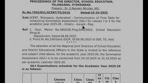 Telangana SA1 Exam time table for October 2025 TS TG Summative assessment 1 SA 1 test timetable