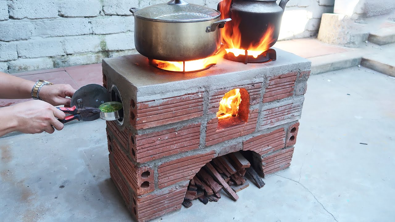 Wood stove 2 great features, creative cement and brick ideas - YouTube