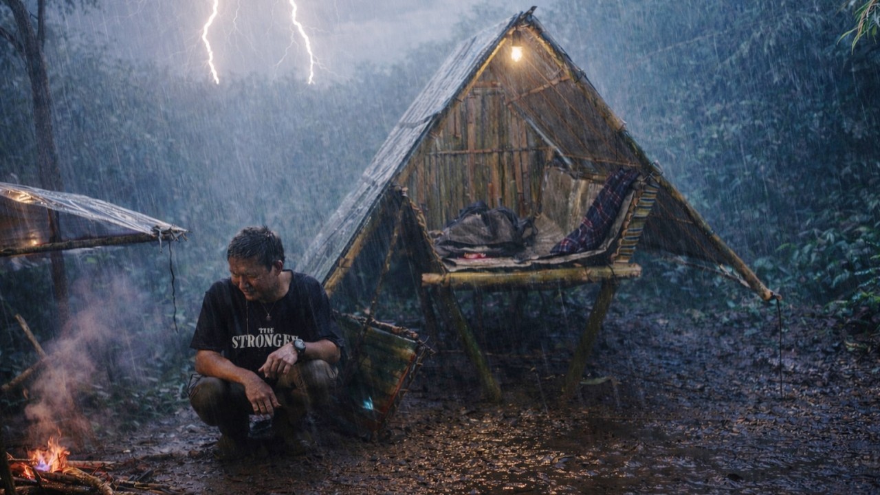 Camping hujan deras//di teror monyet saat membangun cabin bambu di alam liar