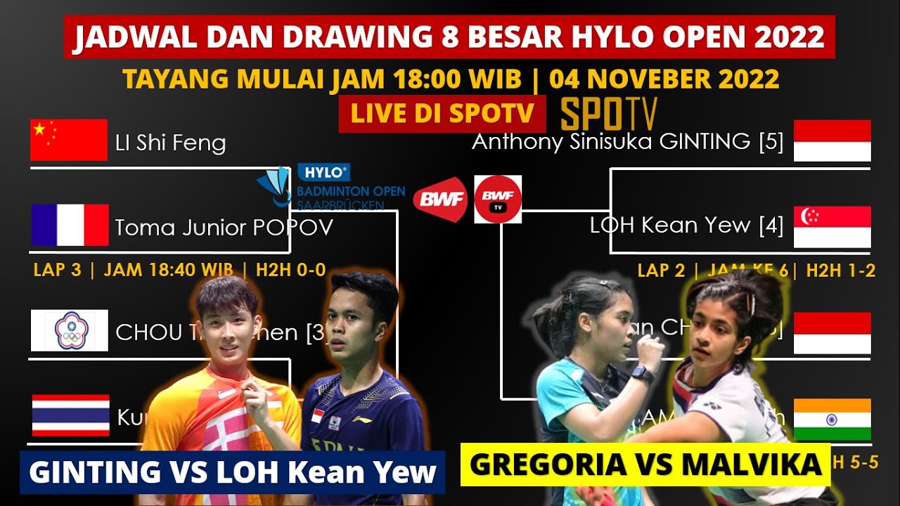 Jadwal Hylo Open 2022 Hari ini Day4/R8 Ginting vs Loh Kean YEW, Jojo vs Kidambi Draw Perempat/QF