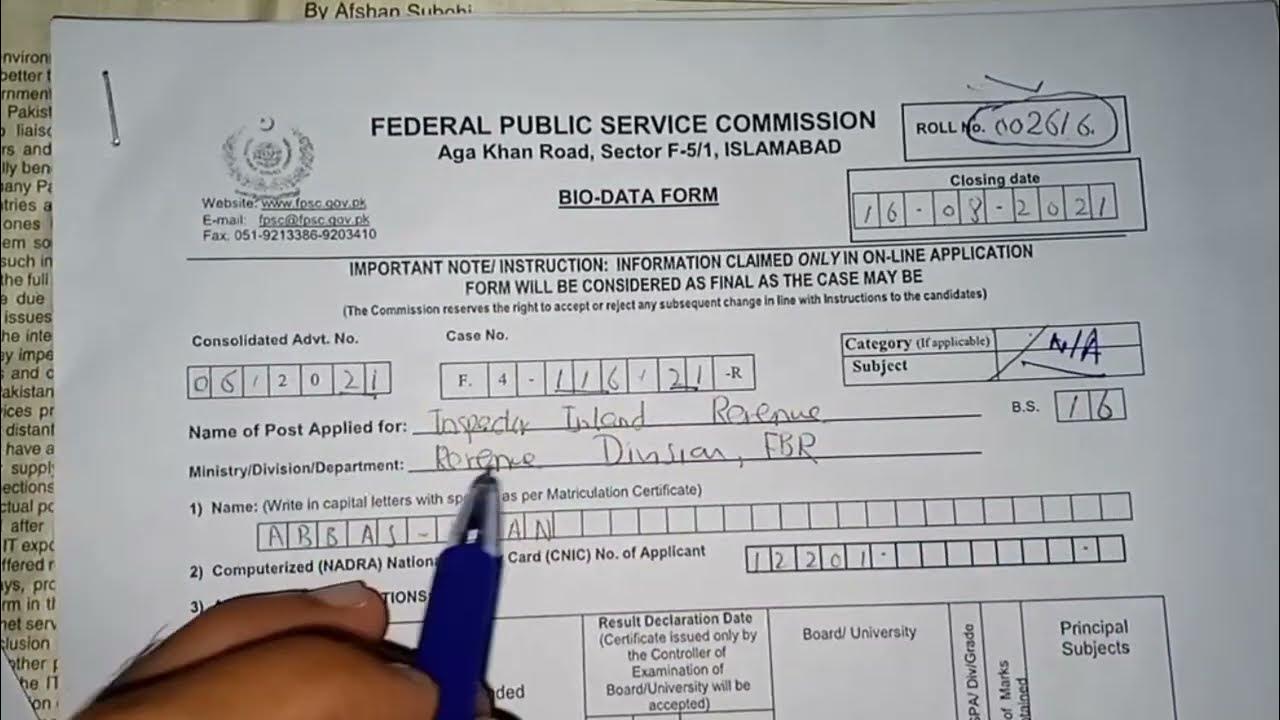 Inspector inland revenue biodata form filling fbr fpsc fpsc
