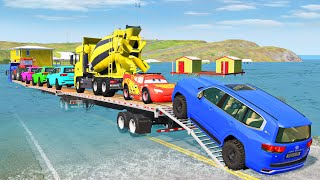 Triple Flatbed Trailer Mcqueen Transportation With Truck - Speedbumps Vs Cars Vs Train - Beamng