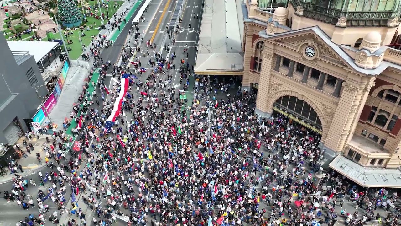 Drone shot: Melbourne / Australia - Protest New Bill - 04.12.2021