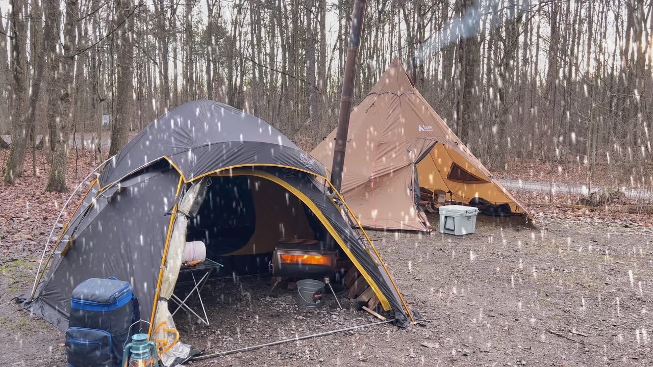 RAIN CAMPING “NOT SOLO” ZETA 1 ANKHIALE OUTDOORS AND MEGAHORN HOT TENT CAMPING IN THE RAIN.
