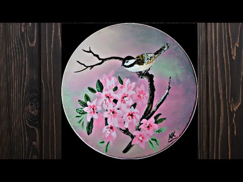 Cherry Blossom Branch Painting on a Round Canvas - A Serene