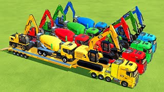 TRANSPORTING EXCAVATOR, MIXER TRUCK, BULLDOZER, POLICE CARS TO GARAGE WITH MAN TRUCK - FS22