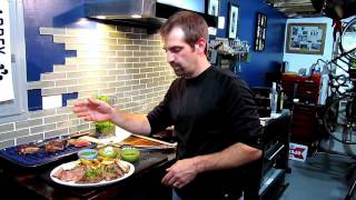 Chef pete cooks three ny strip steaks to 3 different levels of
"done-ness" in the same pan, and serves them with sauces.