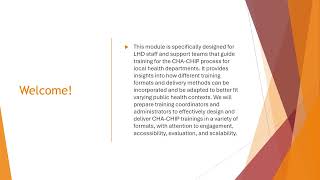 CHA-CHIP Training - Module 8 Intro: Training Format & Delivery