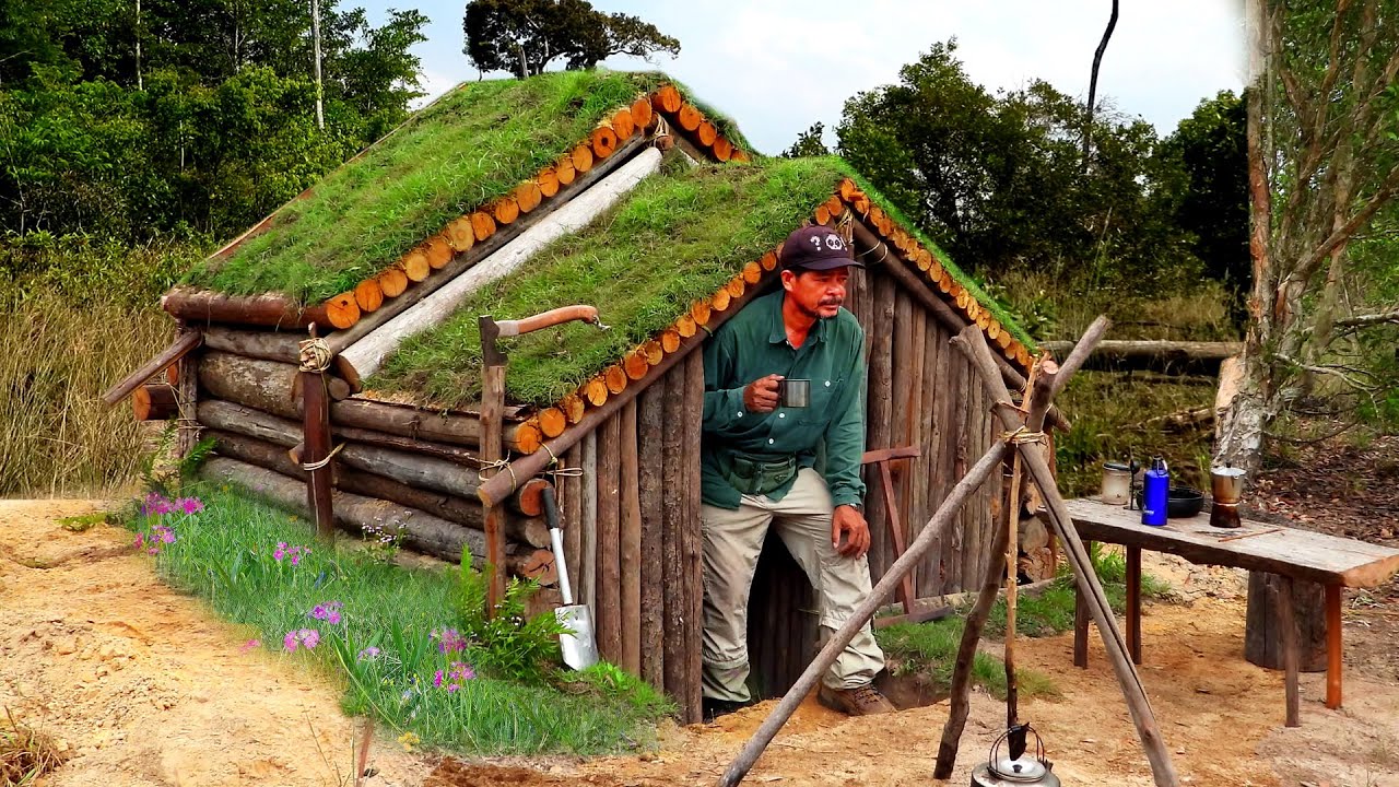 Building Complete Survival Shelter - Bushcraft Earth Hut - Grass Roof ...