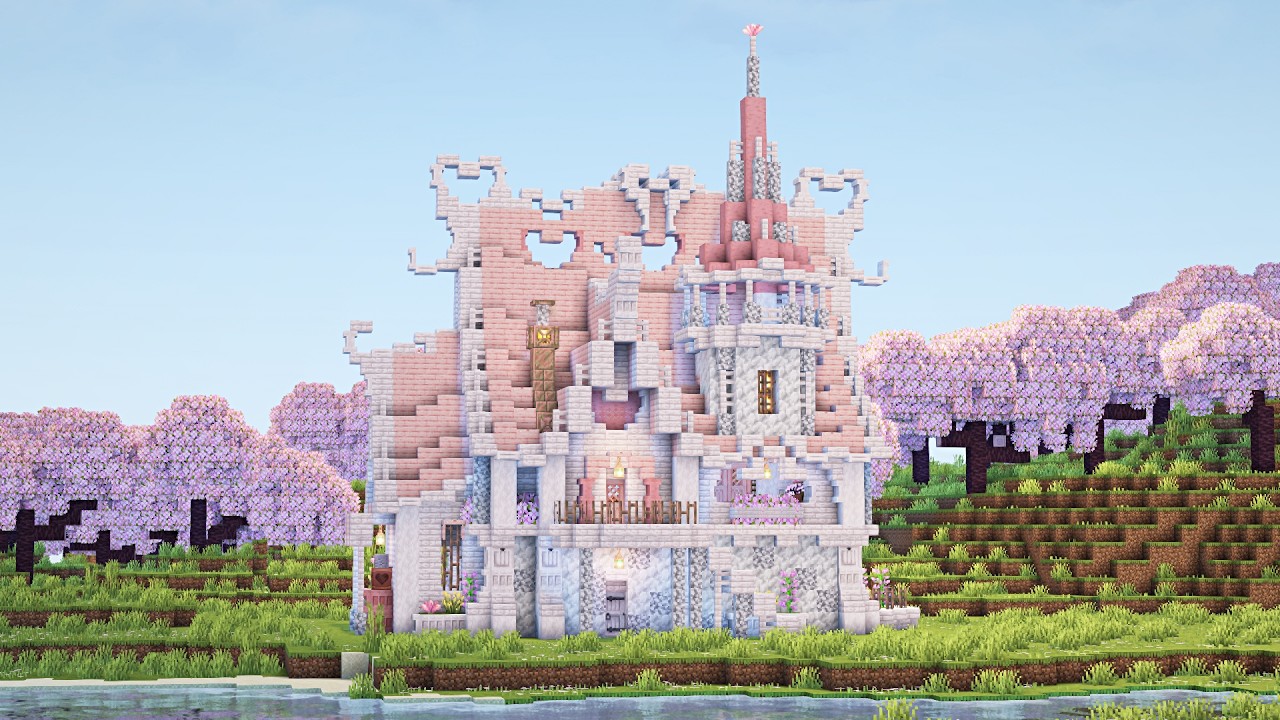 【マイクラ】白とピンクの可愛いファンタジーなお家の作り方【マイクラ建築】